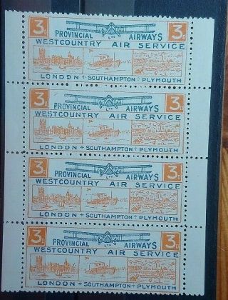Great Britain 1930s Strip Of 4 X Provincial Airways Plymouth Airmail Labels