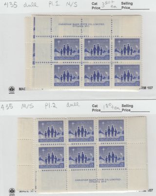 Canada: 435 5c Blue Christmas 1964 M/s Plate Blocks Pl.  1 Pl.  2 Mnh Cv$22