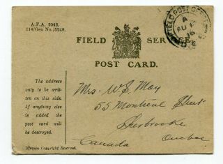 Canada Wwi Military Overseas 1918 Field Service Postcard - Sent To Sherbrooke Qc