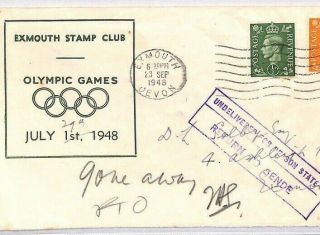 Gb Olympics Illustrated Cover 1948 Exmouth Stamp Club Retour Plymouth Br159