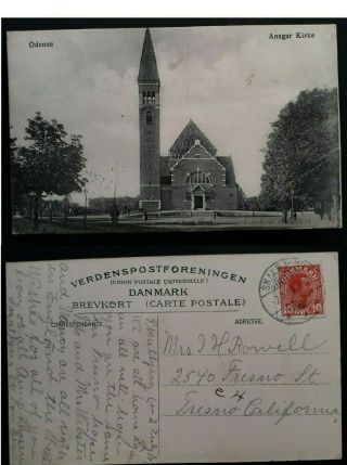 Scarce 1914 Denmark Postcard " Ansgars Church Odense " Ties 10 Ore Stamp To Usa