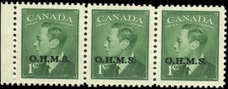 Canada O12i Xf Og Nh 1950 Kgvi 1c Ohms Overprint Narrow Spacing Strip Of 3