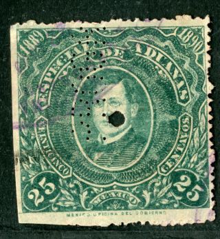 Mexico Revenues,  Aduanas Mr Ad48,  Perfin Progreso,  Ba35,  25 Centavo 1889 - 90