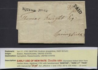 1792 Stampless Letter Early Usage Boston Ma Paid " 20pd " To Springfield