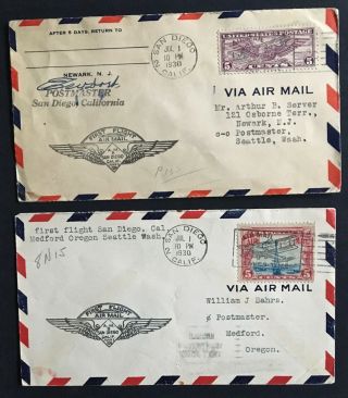 Air Mail Covers 1930 San Diego 1st Flight A.  M.  8 To Medford Or And Seattle Wa