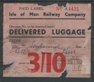 Isle Of Man Railway Large 3/10d Black On Pink Stamp Label To Scarborough