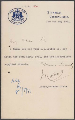 India 1931 Sitamau Durbar State Crested Signed Letter By Diwan