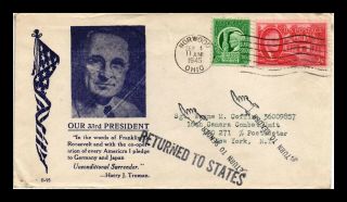Dr Jim Stamps Us President Truman Cachet Returned Wwii Cover 1945