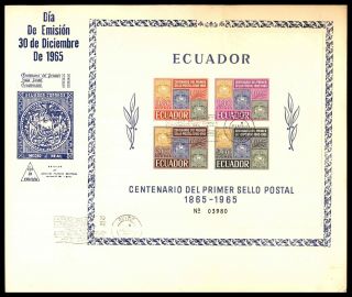 Ecuador Quito First Stamp Centenary Imperf Souvenir Sheet Large Fdc 1965 Maximu