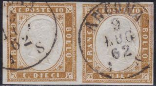 Italian States Sardinia 1861 Pair 10c Light Chocolate Brown,  T20468
