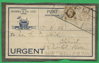 Gb 1952 1s5d Rate Sg 469,  75 Parcel Post York 17 Mar To Northallerton
