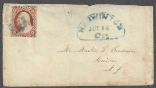 Harwinton,  Ct Jul 13 Blue Cancel & Grid Ties Scott 11 To Union,  Ny C.  1850s