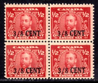 Canada Excise Tax Fx23 ⅝ Cent On ½c Block/4,  1915 Overprint,  F,  Nh