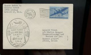 Us Fam 27 First Flight Cover 1946 Washington Dc To Athens,  Greece With Backstamp