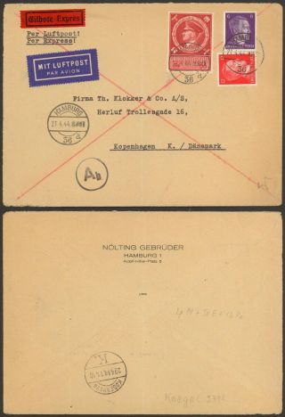 Germany Wwii 1944 - Air Mail Express Cover Hamburg To Denmark - Censor 34829/11