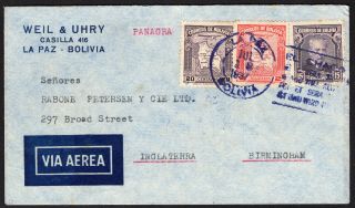 Bolivia 1937 Airmail Cover W/stamps From La Paz To England Via Panagra