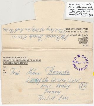 1947 Gb Pow Camp 107 Wells Somerset Violet Cachet Lettersheet To Germany