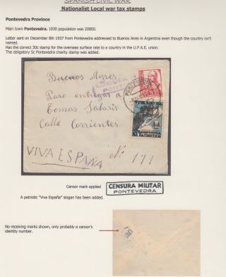 Spanish Civil War 1937 Pontevedra Local On Censor Cover To Buenos Aires