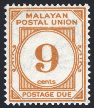 Malaya Postal Union 1945 9c Yell Org Post Due Sg D11 Sc J17 Umm/mnh Cat £40 ($54)