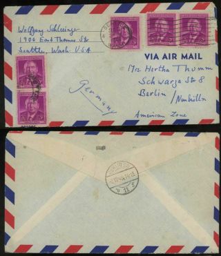 Wa 1948 Airmail Cover To Berlin Airlift Germany Receiver 3c Famous Harlan Stone