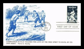 Dr Jim Stamps Us Competition Baseball Babe Ruth Fdc Cover Warren Harding Quote