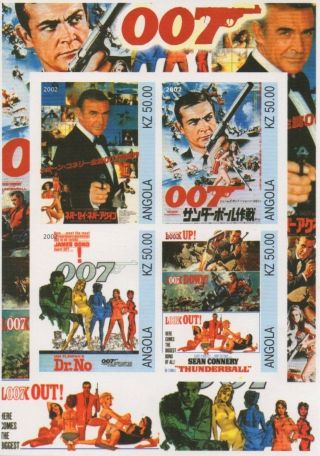 James Bond 007 Sean Connery Spy Movie Angola Imperforated Mnh Stamp Sheetlet