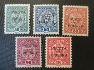 Poland Cracow Overprint Mh Stamps 1919 Sc 47 - 51 Back Printed Philatelia Krakow
