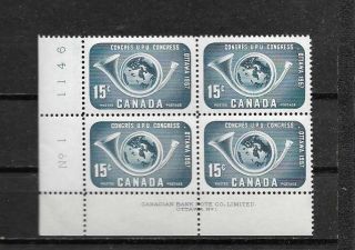 Pk32428:stamps - Canada 372 Upu Congress Ll Plate 1 Block - Never Hinged