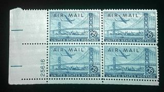 1947 Airmail Plate Block C36a Mnh Us Stamps 25c Oakland Bay Bridge Vf Dry Print