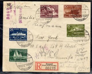 State Of Danzig 1938 Multi - Franked Registered Cover To York