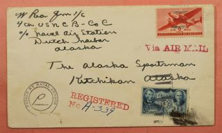 906 On 1942 Naval Air Station Dutch Harbor Ak Registered Airmail Wwii Censored