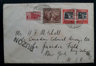 Rare 1940 Colombia Airmail Cover Ties 4 Stamps Canc Tarranquilla