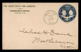 Dr Who 1893 Concord Nh Fancy Cancel Stationery Lincoln Club Corner E53777