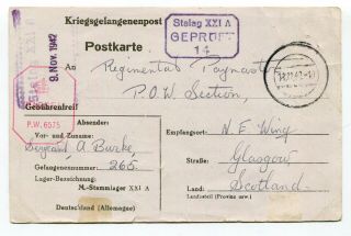 Germany 1942 Stalag / British Soldier Pow Camp Censor Postcard To Scotland 25