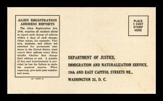 Dr Jim Stamps Us Alien Registration Department Of Justice Postcard 1951