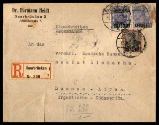 Saar To Argentina 1920 Registered Multifranked Cover