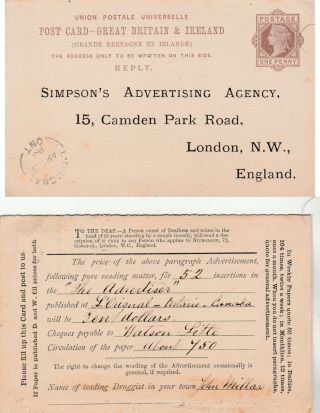 Canada To Gb L Orignal On British Qv 1d Upu Reply Card Deafness Remedy 1889