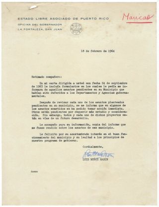 1964 Luis Munoz Marin Signature Autograph,  Memo,  Puerto Rico Governor