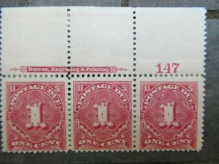 Antique Us Postage Stamp,  (3) Connected One Cent Postage Due;