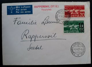 Rare 1937 Switzerland Airmail Cover Ties 2 Stamps Canc Automobile Post Bureau