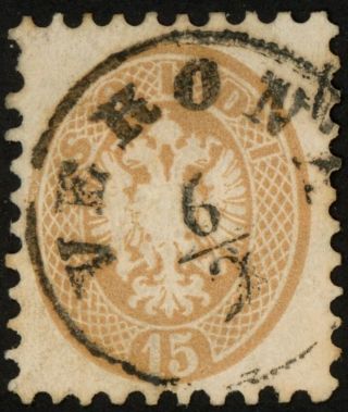 1864 - 65 Austria Lombardy - Venetia Stamp Sct 24,  15s Yellow Brown Vf,  Hr