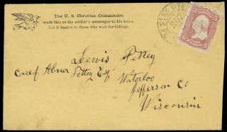 1864 U.  S.  Christian Commission Soldier Envelope 3¢ 65 Memphis Tn To Waterloo Wi