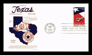 Dr Jim Stamps Us Texas Republic 150th Anniversary Gamm Fdc Cover San Antonio