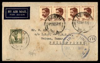 Australia Perth To Philippines Iro - Unec Guiuan Samar 1949 Airmail Cover