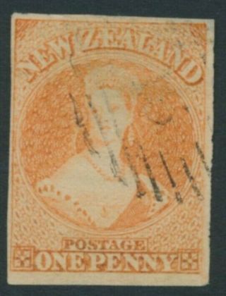 Sg 8 Zealand 1858.  1d Dull Orange,  Imperf,  No Watermark.  Very Fine.