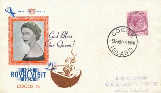 Cocos Island 1954 Royal Visit Fdc God Bless Our Queen Cachet