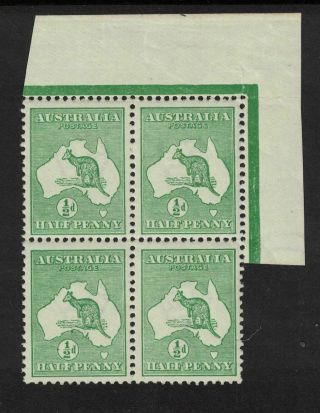 Australia Stamp 1913 Kgv Roo - 1/2d Green Block Of 4 - Part Corner Nh Sg1