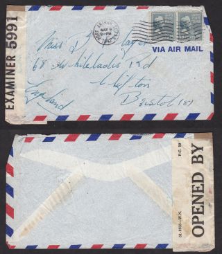 Usa United States 1942 Censored Air Mail Cover To England