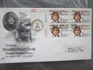 Aviation Pioneer Blanche Stewart Scott 1st Female 1980 Airmail Plate Block Fdc
