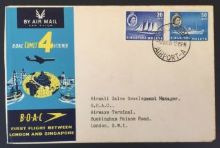 1959 Boac First Flight London To Singapore Air Mail Cover Malaya To London